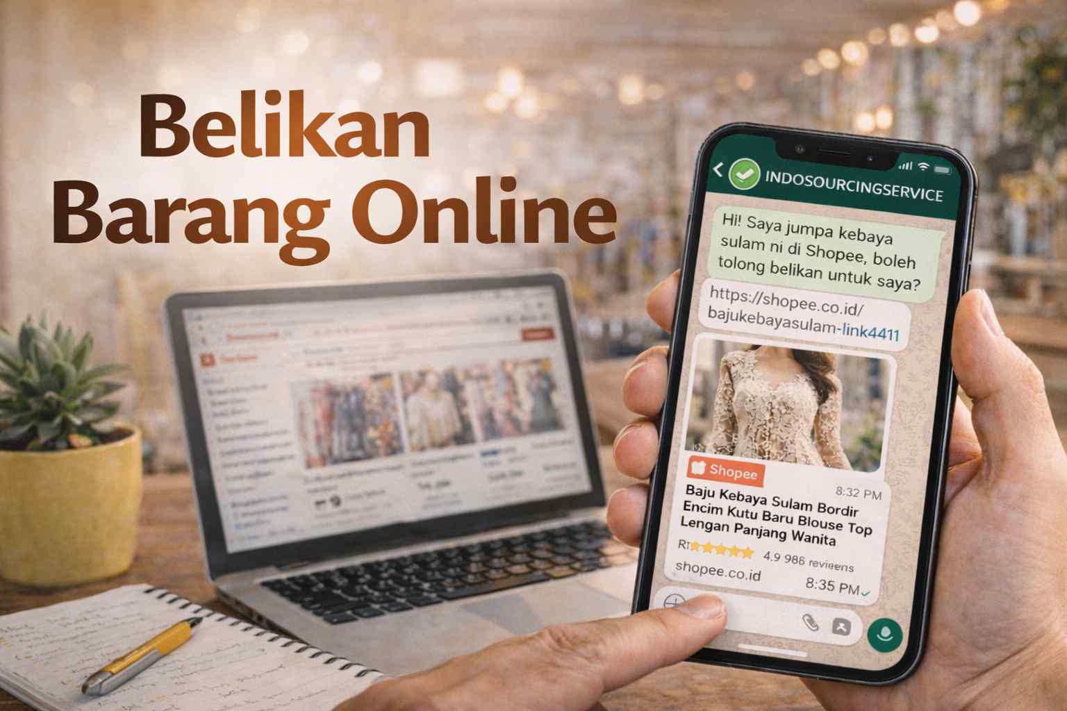 Pembelian barang online dari Indonesia melalui WhatsApp dengan paparan produk Shopee pada smartphone dan laptop, bersama buku nota dan pen sebagai simbol proses belian dan sourcing produk