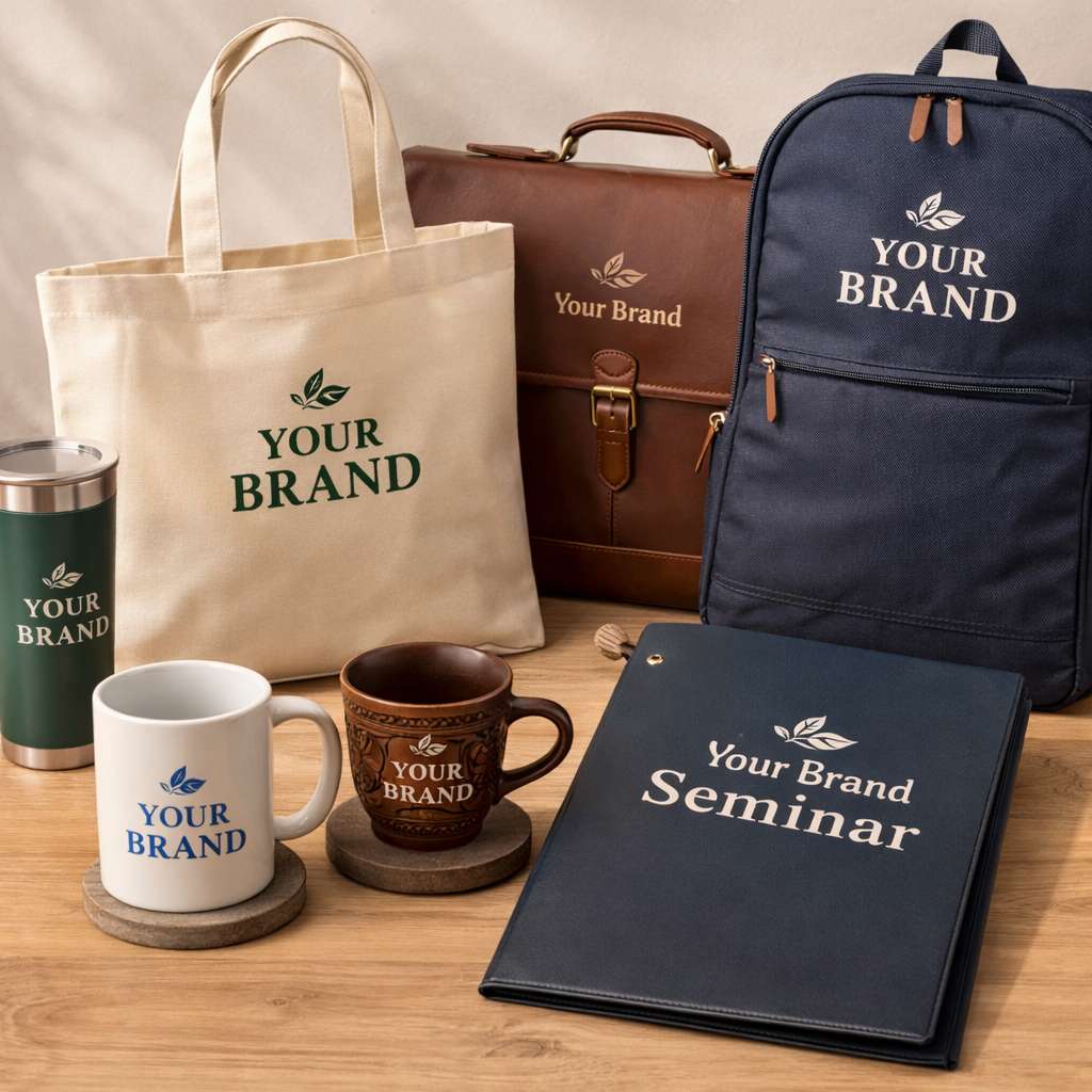 Pelbagai aksesori dan gift item custom seperti tote bag, beg kulit, backpack, file seminar, mug seramik dan cawan kayu ukiran dipamerkan di atas meja, sesuai untuk corporate gift atau OEM branding.