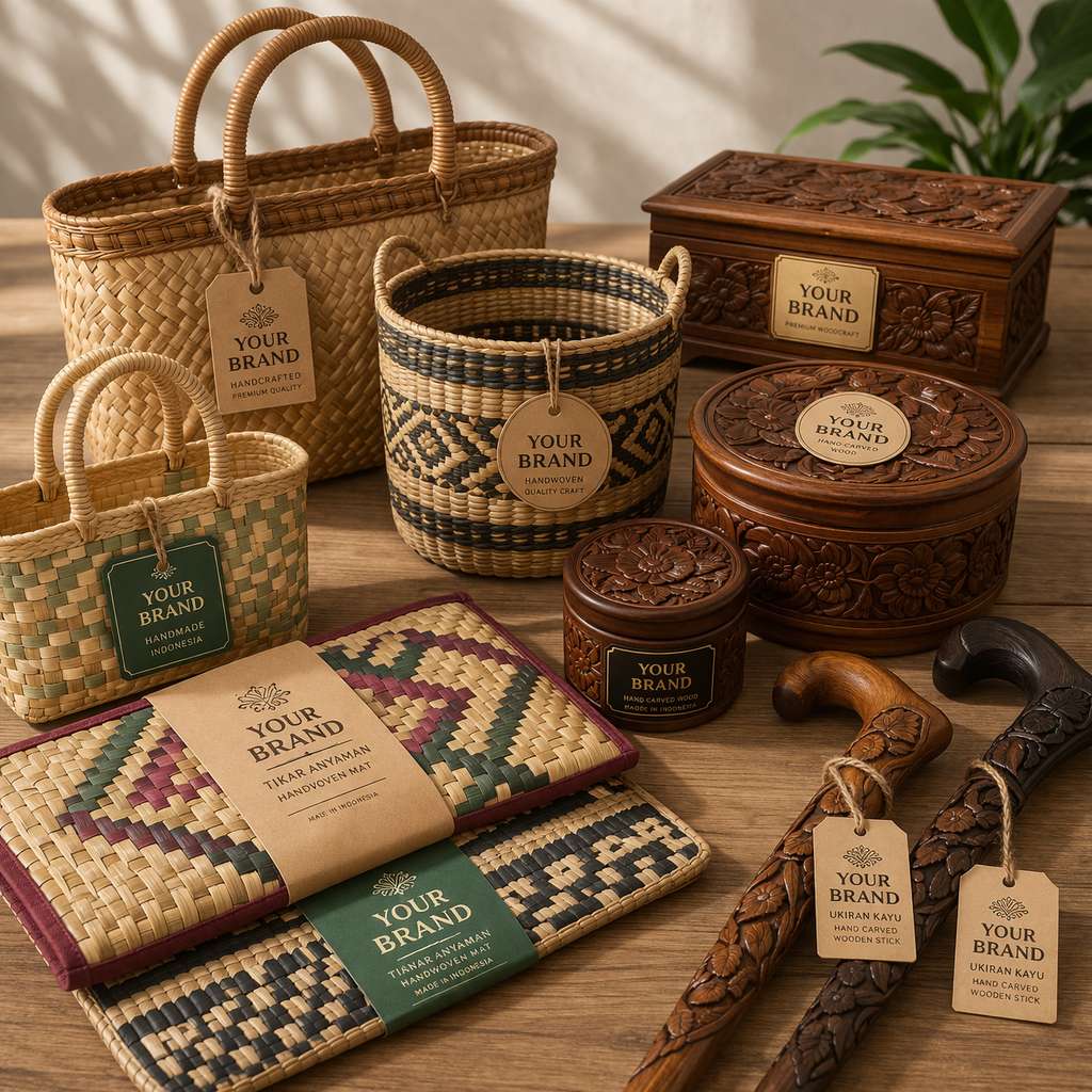 Pelbagai produk kraftangan dan pertukangan yang dihasilkan di Indonesia seperti bakul anyaman, tikar anyaman, bekas ukiran kayu bermotif bunga dan tongkat kayu berukir dipamerkan di atas meja kayu, dengan brand anda sendiri