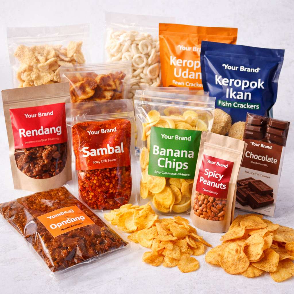 Pelbagai produk makanan dan snek OEM seperti rendang, sambal, keropok, kerepek pisang dan coklat dengan anda sendiri