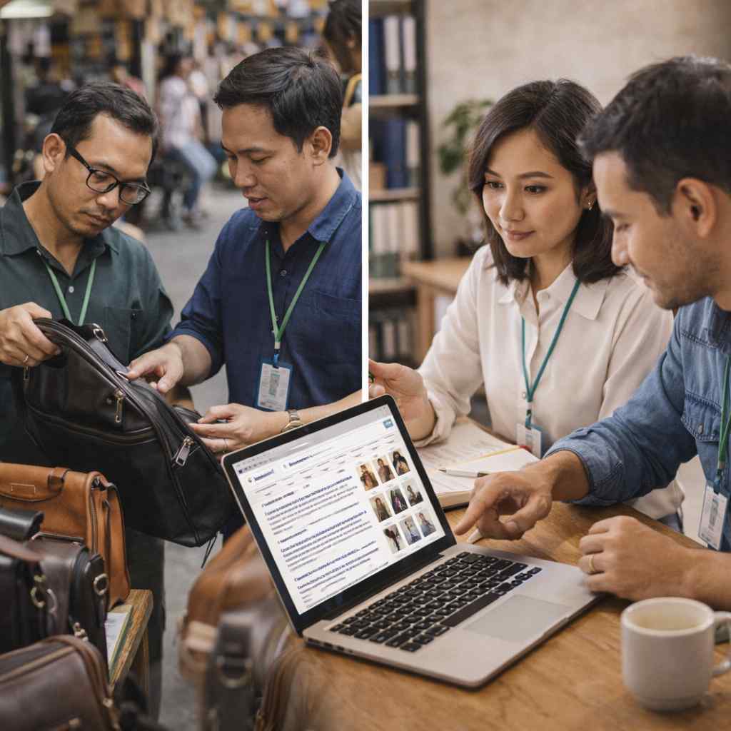 Perbandingan proses sourcing di Indonesia, sebelah kiri team memeriksa produk beg kulit di supplier secara offline, sebelah kanan team mencari dan membandingkan produk melalui laptop secara online