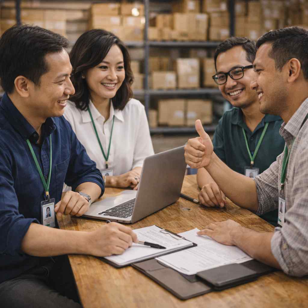 Mesyuarat antara team sourcing dan supplier di Indonesia dengan suasana positif, menunjukkan komunikasi yang lancar dan persetujuan dalam urusan sourcing produk