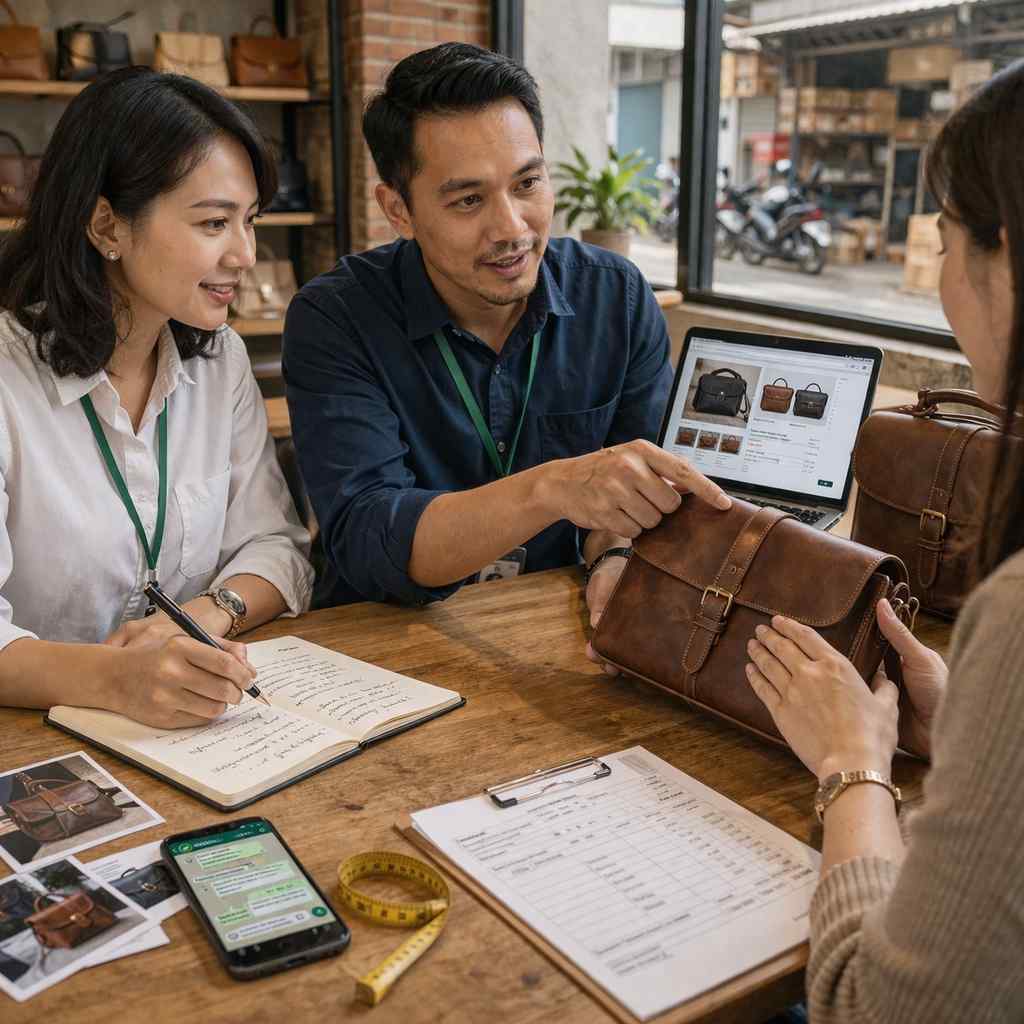 Team sourcing berbincang dengan supplier sambil membuat semakan produk beg kulit dan mencatat spesifikasi sebelum proses pembelian