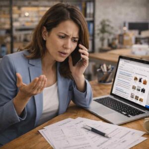 Usahawan wanita sedang berbual dengan supplier melalui telefon sambil menyemak laptop dan dokumen quotation, kelihatan keliru kerana komunikasi tidak jelas dan tidak pasti tentang pembekal