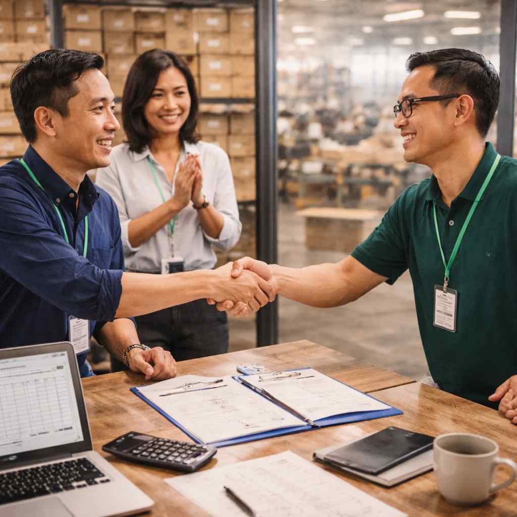 Perbincangan yang berjaya antara team sourcing dan wakil kilang supplier di Indonesia