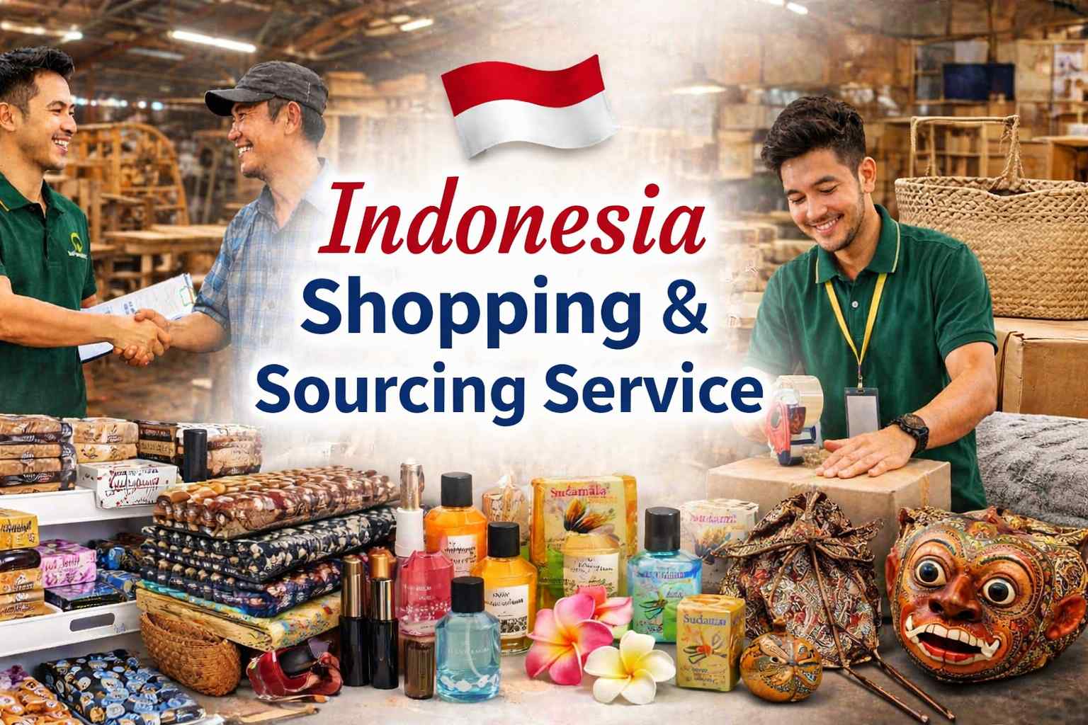Perkhidmatan shopping dan sourcing dari Indonesia menampilkan urusan dengan supplier, proses pembungkusan bara