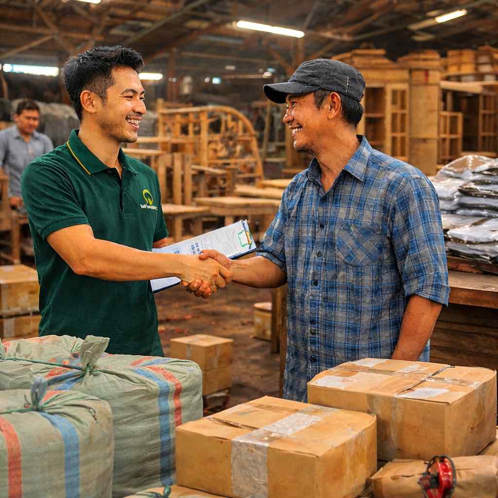 Perbincangan dan jabat tangan antara pembeli dan supplier tempatan di Indonesia dalam urusan sourcing produk.