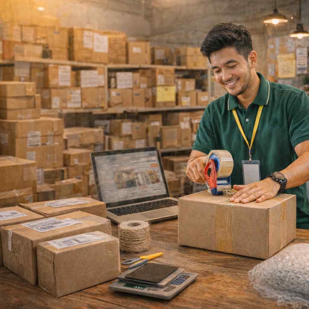 Proses pembungkusan barang di warehouse Indonesia sebelum dihantar ke Malaysia untuk pelanggan.