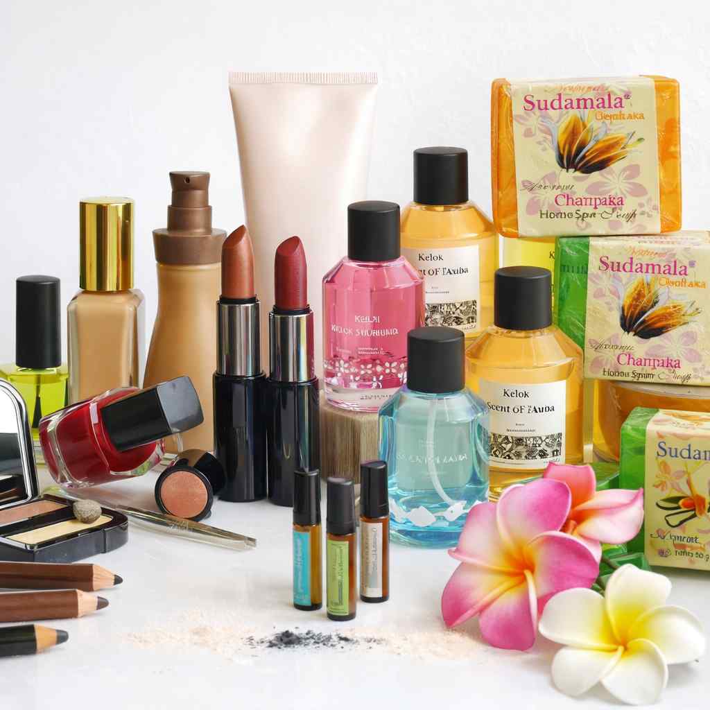 Pelbagai produk kosmetik, perfume dan sabun spa asli Indonesia disusun kemas untuk tujuan sourcing dan pembelian.