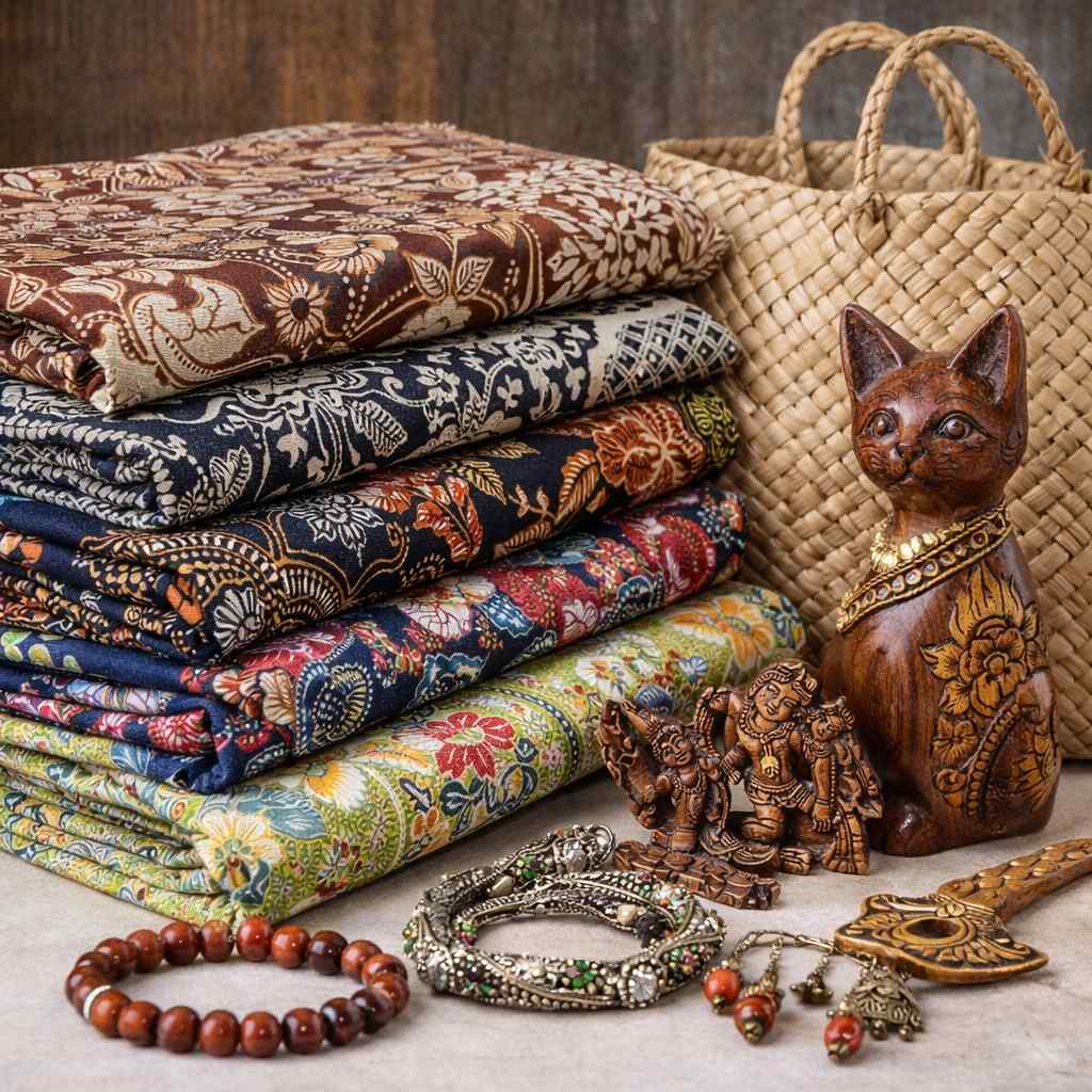 Kain batik tradisional dan moden bersama produk kraftangan Indonesia seperti beg anyaman dan ukiran kayu.