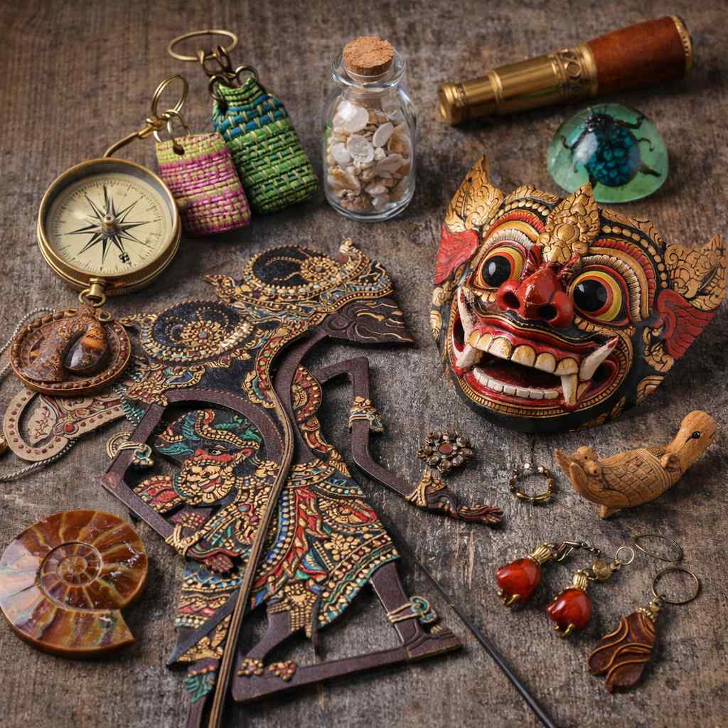 Pelbagai barangan unik Indonesia termasuk wayang kulit Jawa, topeng Bali dan aksesori handmade tradisional.