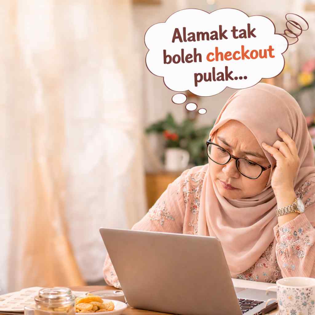 Seorang wanita menggunakan laptop di rumah kelihatan risau ketika cuba membeli barang online tetapi tidak dapat checkout